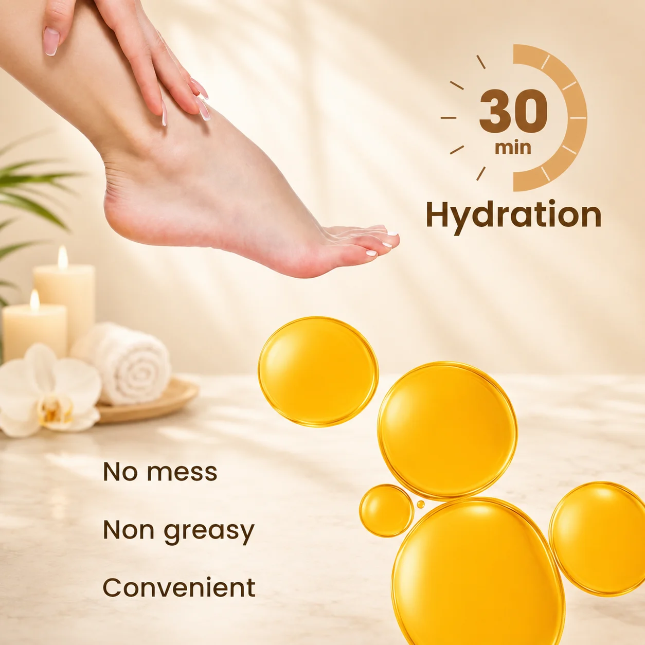 Close-up of a person touching their hydrated foot, surrounded by spa elements, oil bubbles, and hydration benefits text overlay.